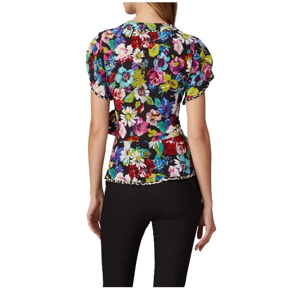 Nanette Lepore Shirt Womens 6 Black Multicolor Floral Boquet Wrap Top - Picture 4 of 13